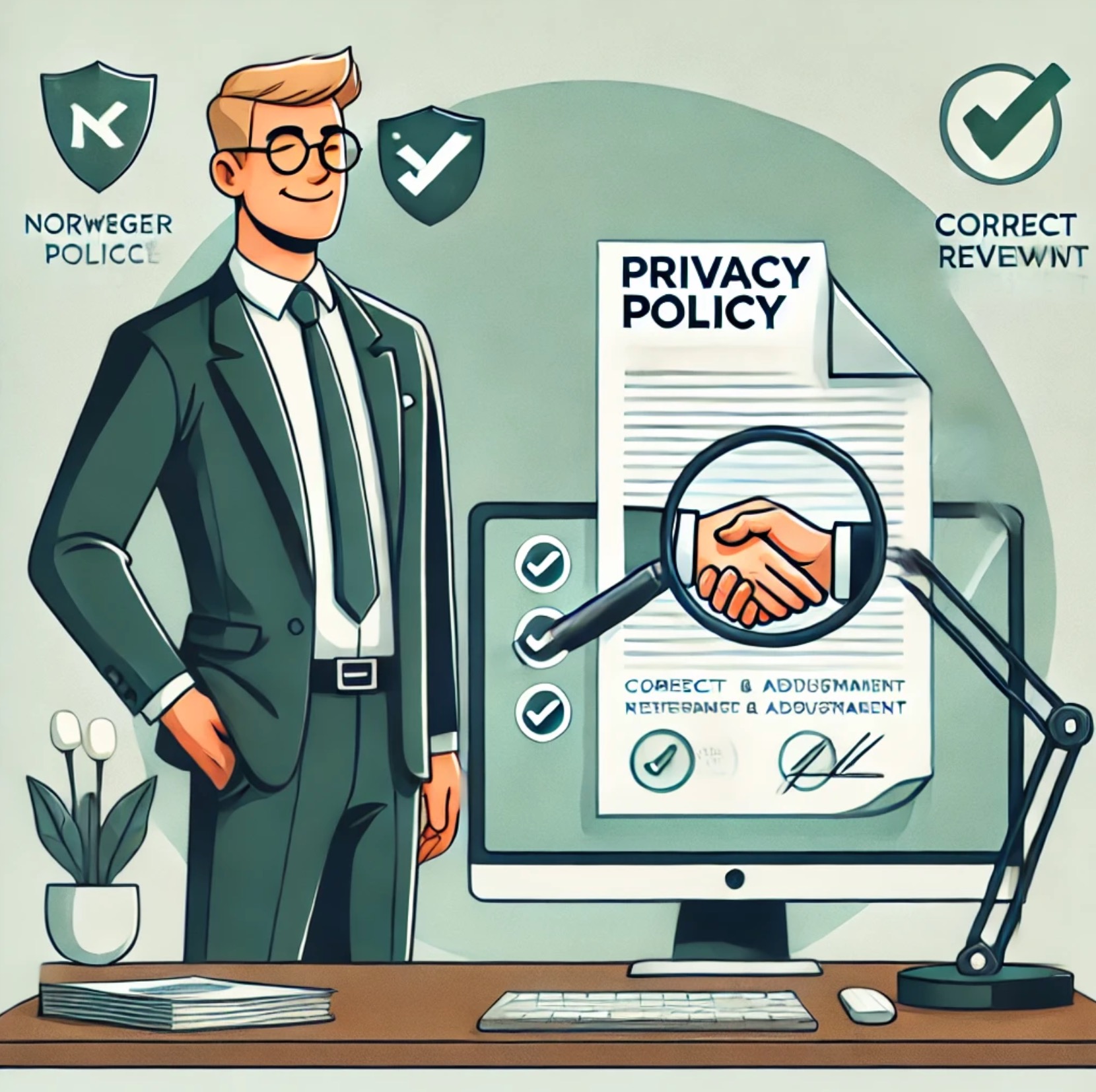 AI generert bilde av en mann som står ved en datamaskin hvor det vises at noen "shake-hands" på personvernet.