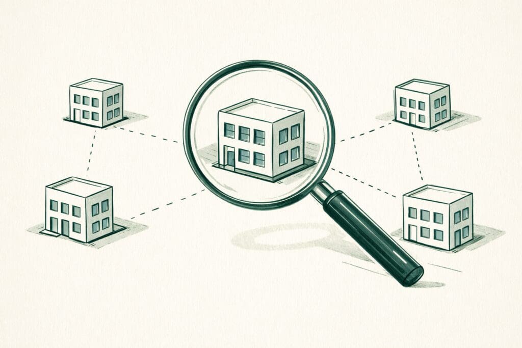 Blyantillustrasjon av kontorbygg koblet i leverandørkjede med forstørrelsesglass — NIS2 kravene beveger seg nedover i kjeden