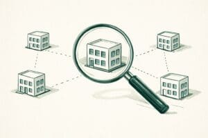 Blyantillustrasjon av kontorbygg koblet i leverandørkjede med forstørrelsesglass — NIS2 kravene beveger seg nedover i kjeden