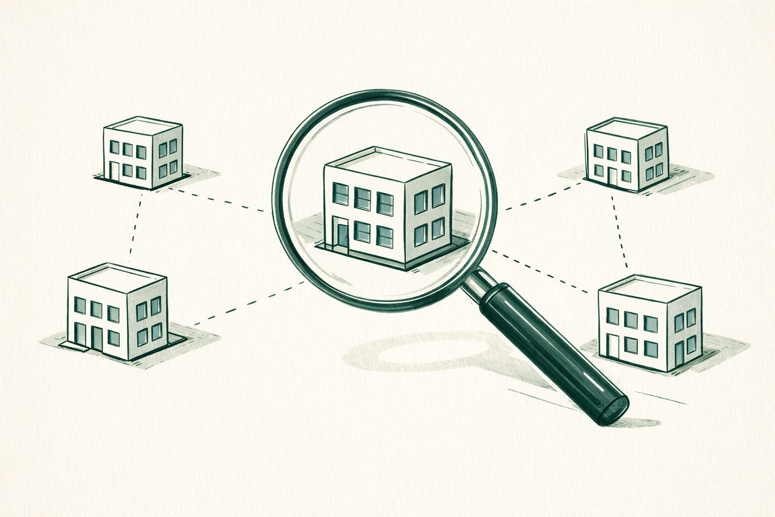 Blyantillustrasjon av kontorbygg koblet i leverandørkjede med forstørrelsesglass — NIS2 kravene beveger seg nedover i kjeden