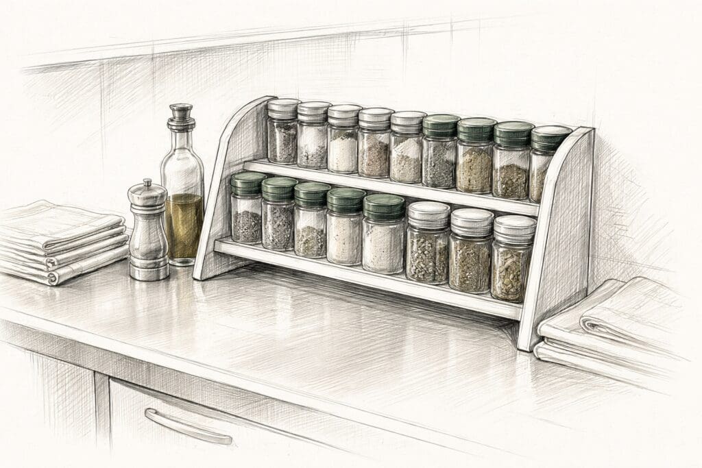 Blyantillustrasjon av et krydderhylle på et profesjonelt kjøkken, alltid innen rekkevidde — symboliserer personvern som daglig praksis