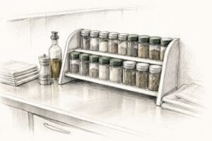 Blyantillustrasjon av et krydderhylle på et profesjonelt kjøkken, alltid innen rekkevidde — symboliserer personvern som daglig praksis