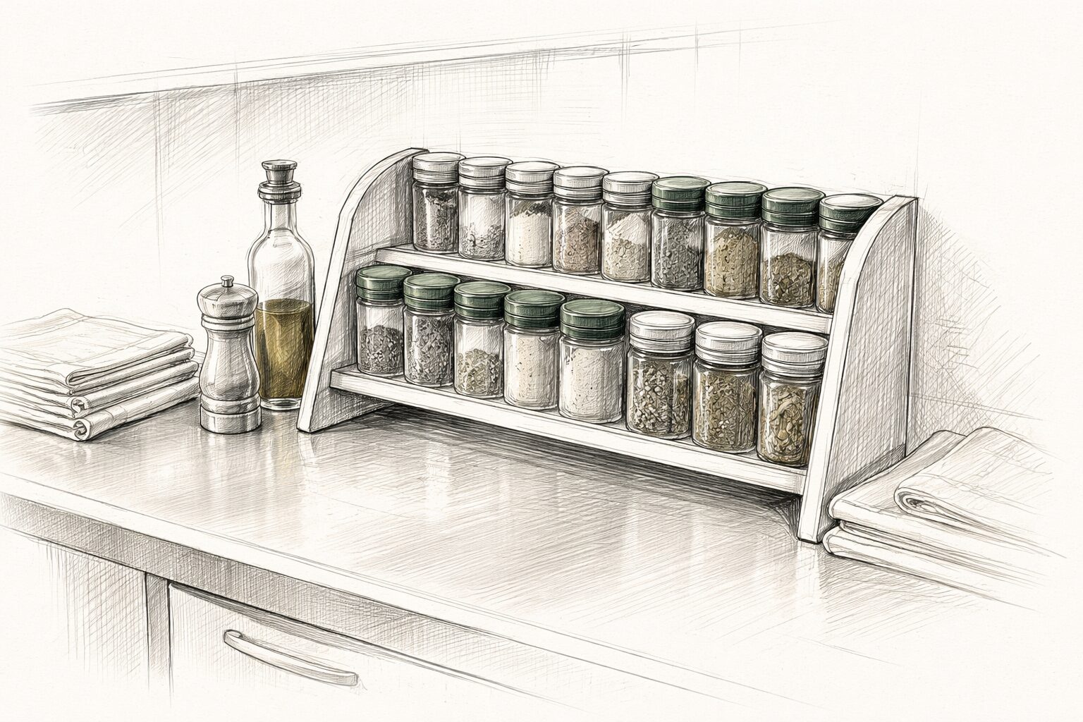 Blyantillustrasjon av et krydderhylle på et profesjonelt kjøkken, alltid innen rekkevidde — symboliserer personvern som daglig praksis