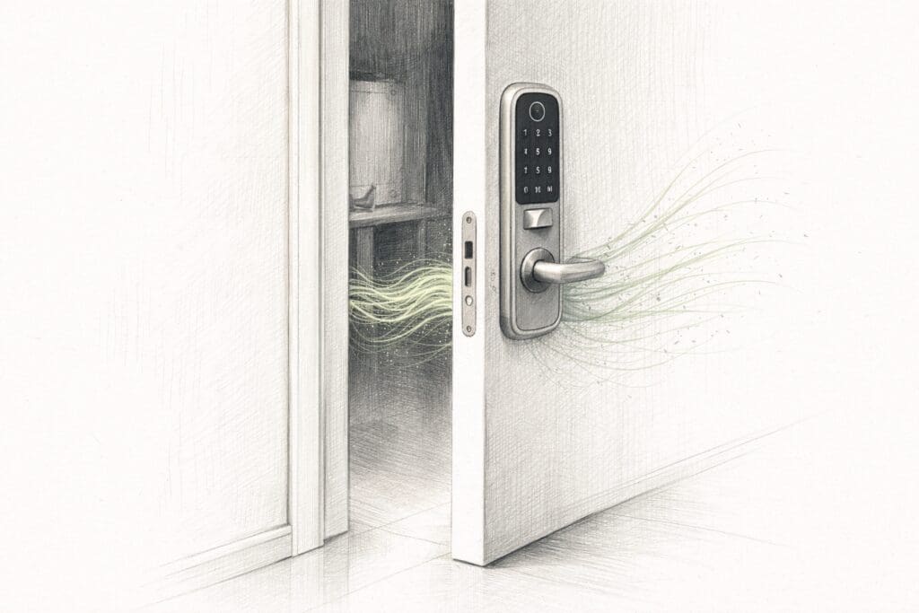 Blyantillustrasjon av en dør som står litt mer på gløtt enn den burde, med grønne aksenter