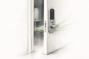 Blyantillustrasjon av en dør som står litt mer på gløtt enn den burde, med grønne aksenter