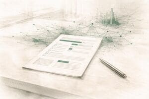 Illustrasjon av en person som gjennomgår en databehandleravtale med lupe