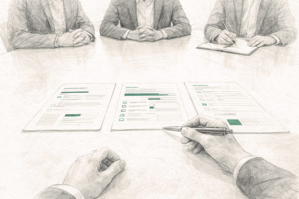 Blyantillustrasjon av to personer over et bord — perspektivet er snudd, du er nå på leverandørsiden