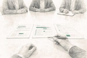 Blyantillustrasjon av to personer over et bord — perspektivet er snudd, du er nå på leverandørsiden