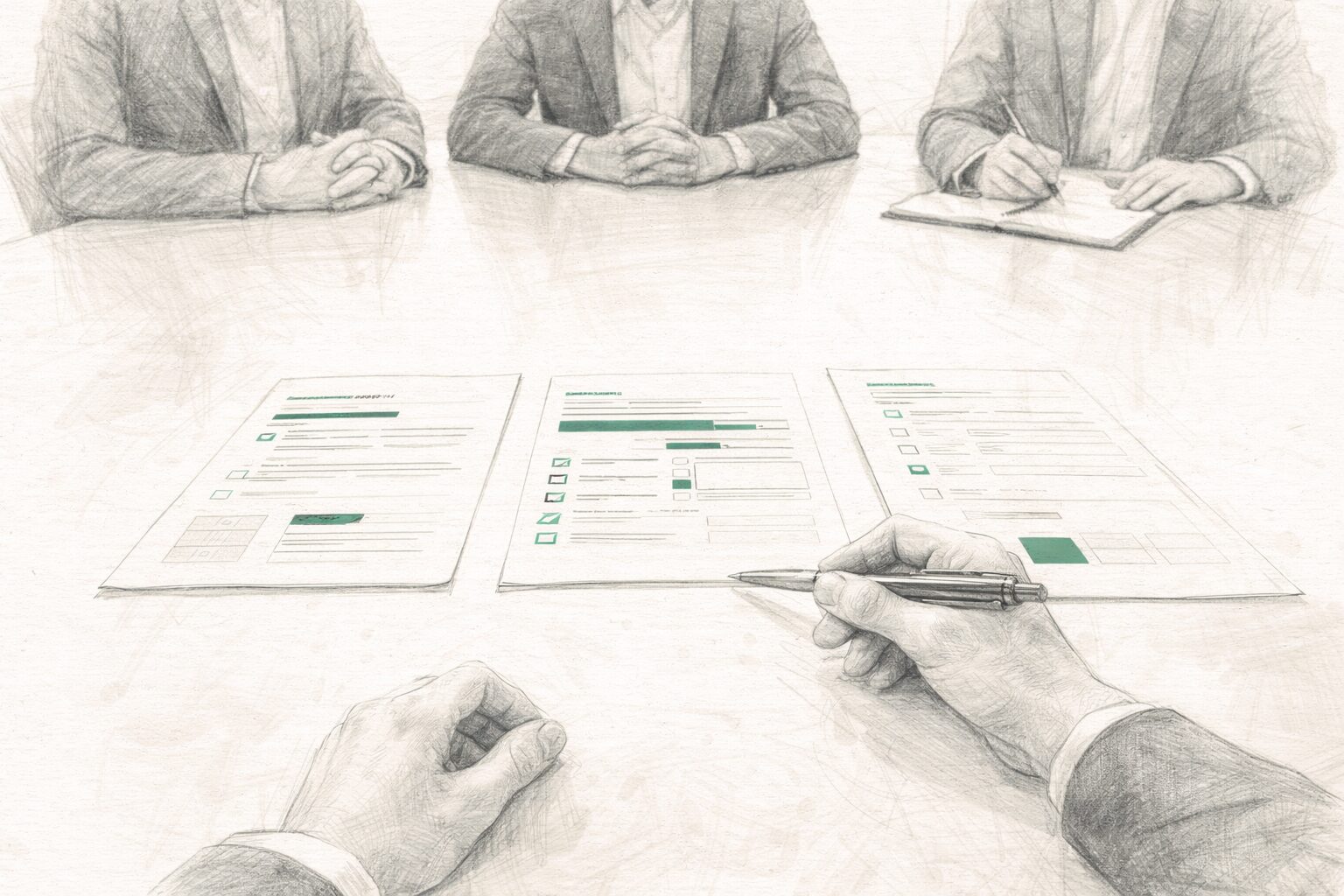 Blyantillustrasjon av to personer over et bord — perspektivet er snudd, du er nå på leverandørsiden